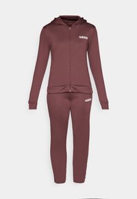 Maroon Adidas tracksuit, featuring a zip-up hoodie and matching pants. Soft fabric, slim fit, with white Adidas logo on both pieces.