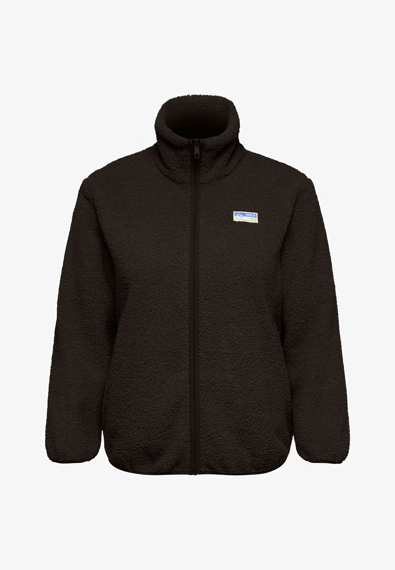 Black fleece jacket with full front zipper, high collar, and a small rectangular blue and white logo patch on the chest.
