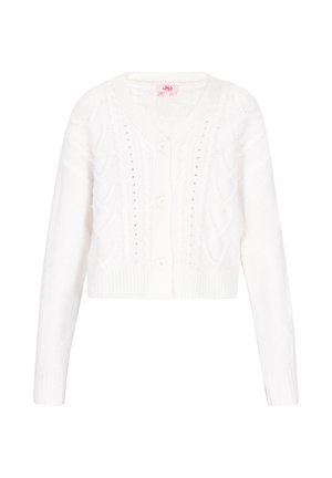 Valge lühike kardigan V-kaelusega, millel on koonusniitmustritega ja kolm suurt nööpi ees. Pehme tekstuur ja pikad varrukad.