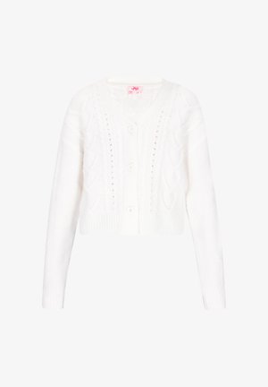 Valge lühike kardigan V-kaelusega, millel on koonusniitmustritega ja kolm suurt nööpi ees. Pehme tekstuur ja pikad varrukad.