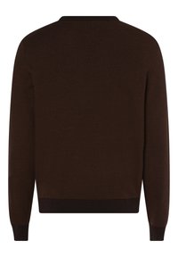 Brauner Strickpullover mit strukturiertem Muster, gerippten Bündchen und Saum. Crewneck-Design mit einem klaren Rücken ohne Verzierungen.