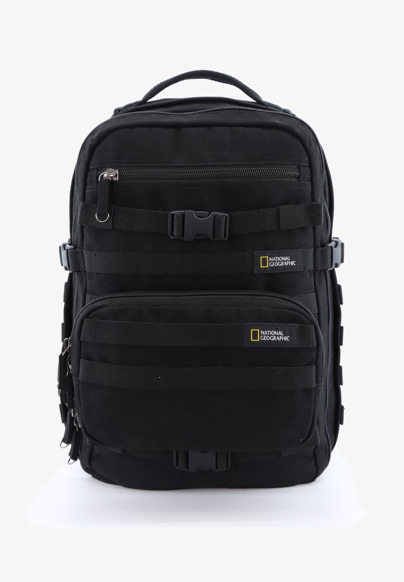 Black backpack made of durable fabric with multiple zippered compartments, adjustable straps, and National Geographic logo accents.