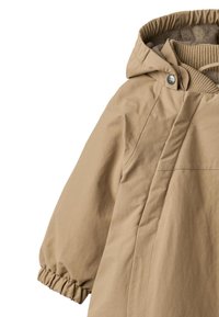 Beige, lightweight jacket with a hood, gathered cuffs, and a textured lining. Features snap closures and a relaxed silhouette.