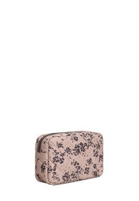 Gepolstertes pinkes Kosmetiktäschchen mit dunklem floralen Muster, rechteckiger Form, Reißverschluss und weicher Textur. Ideal zur Aufbewahrung von Schönheitsartikeln.