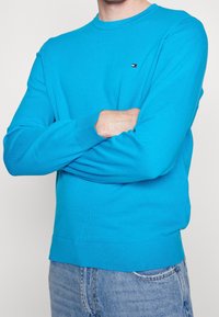 Pull turquoise à col rond en tissu tricoté avec poignets et ourlet côtelés. Petit détail de logo sur la poitrine. Le modèle porte un jean bleu.