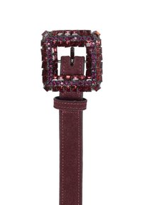 Burgunderroter Wildledergürtel mit großer quadratischer Schnalle, verziert mit dunkelroten und violetten Strasssteinen.