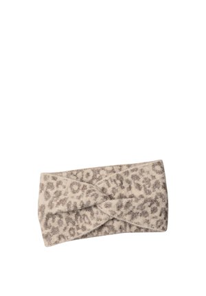 Bandeau beige en tissu doux avec des taches léopard grises et un détail de nœud torsadé au centre.