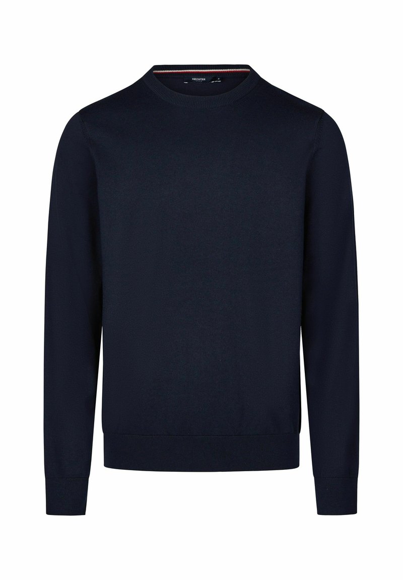 Dunkelblauer Rundhalsausschnitt-Pullover aus weichem Strickstoff mit langen Ärmeln sowie gerippten Bündchen und Saum. Minimalistisches Design ohne Muster.