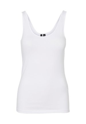 White sleeveless tank top featuring a round neckline, smooth texture, and fitted design. The fabric appears soft and elastic.
