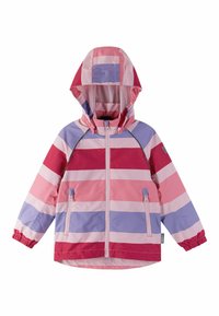 Veste à capuche rayée rose et violette, fabriquée en tissu imperméable, dotée de deux poches avant zippées et de poignets élastiques.