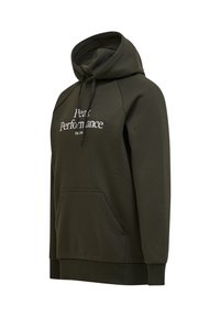 Felpa verde scuro con tasca a marsupio, cappuccio regolabile con cordini e testo bianco "Peak Performance Est. 1986" sul fronte. Tessuto morbido.