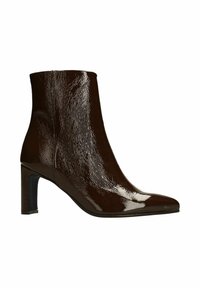 Brown patent ankle boot with a pointed toe and a covered stiletto heel. Features a smooth, shiny texture and streamlined design.