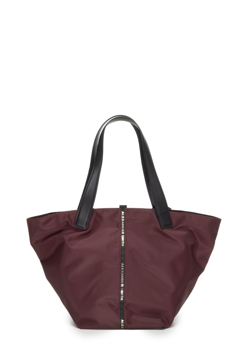 Borsa a tracolla color bordeaux con manici neri in materiale sintetico, caratterizzata da una superficie morbida e textured e da una zip frontale decorata con il marchio "ALEXANDER SMITH".