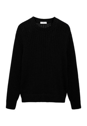 Schwarzer gestrickter Pullover mit rundem Halsausschnitt, langen Ärmeln sowie gerippten Bündchen und Saum. Hat eine strukturierte Optik und einen lockeren Schnitt.