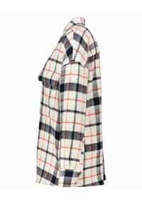 Geruite overhemd in crème, marineblauw en rood; flanel materiaal, knoopsluiting, zijzak en lange mouwen met een relaxte pasvorm.