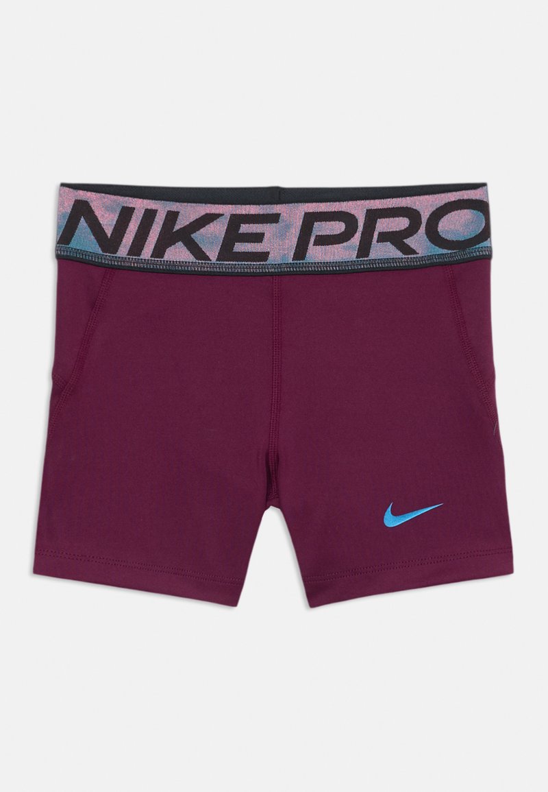 Bermudas de compresión Nike Pro en burdeos con una waistband elástica multicolor que presenta "NIKE PRO" en negro y un logotipo de Nike azul en la parte frontal.