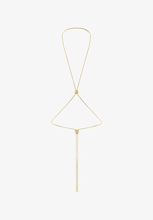 Collier délicat en fil d'or avec fermoirs coulissants réglables formant une forme triangulaire et de longues extrémités pendantes.