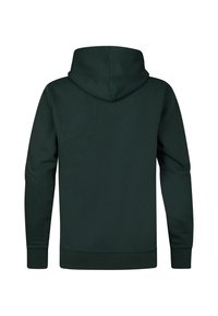 Sudadera de color verde oscuro con un bolsillo canguro, puños y dobladillo acanalados. Presenta un corte relajado y una tela suave y texturada. Vista trasera.