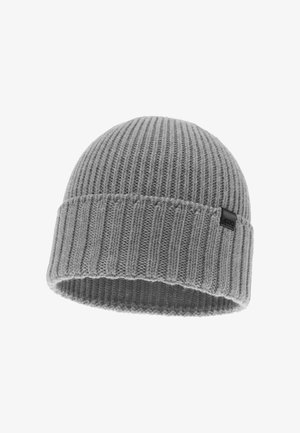 Gray knit beanie with a ribbed texture, rounded crown, and a folded cuff. Features a small black logo patch on the side.