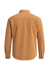 Bruine corduroy overhemd met een rugpas, knoopmanchetten en verticale ribbelstructuur. Het ontwerp heeft een klassieke kraag en rechte zoom.