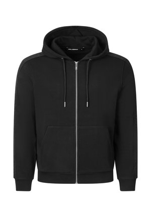 Schwarzer Kapuzenpullover mit Reißverschluss, Fronttaschen, Kordelzug an der Kapuze und subtilen Details an den Ärmeln, auf weißem Hintergrund dargestellt.