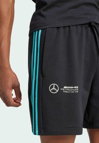 Pantalones cortos deportivos negros con rayas laterales en azul claro, que presentan un logo blanco con una estrella y el texto "AMG PETRONAS FORMULA ONE TEAM."