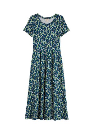 Zila midi kleita ar īsām piedurknēm, zaļiem un baltiem ziedu rakstiem, apaļu kakla izgriezumu un piegulošu vidukli.