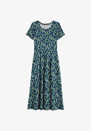 Robe mi-longue bleu à manches courtes avec imprimé floral vert et blanc, encolure ronde et taille cintrée.