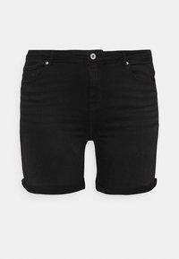Pantalones cortos de mezclilla negra con un diseño ajustado, dobladillos enrollados, dos bolsillos frontales, un cierre de botón y una superficie suave con una textura ligeramente rugosa.