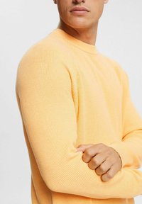 Rippstrickpullover mit langen Ärmeln in Hellgelb, ausgestattet mit einem Rundausschnitt und eng anliegenden Bündchen, strukturiertem Strickstoff und einer lockeren Passform.