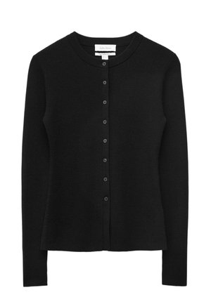Black cardigan with a round neckline, ribbed texture, and front button closure. Features long sleeves and a straight cut. No patterns or accents.