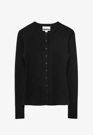 Black cardigan with a round neckline, ribbed texture, and front button closure. Features long sleeves and a straight cut. No patterns or accents.