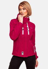 Fuchsia softshell jacket with a high collar, adjustable hood, two front pockets, white drawstrings, and logo detail on the chest.