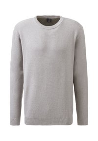 Hellgrauer Strickpullover mit strukturiertem Oberflächen, rundem Ausschnitt sowie gerippten Bündchen und Saum. Lange Ärmel, klassische Passform.