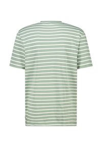 T-shirt a righe verde chiaro realizzato in tessuto morbido, con righe orizzontali bianche, maniche corte e scollo rotondo.