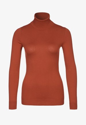 Coltrui in roestkleur, lange mouwen, geribbelde textuur, nauwsluitend ontwerp, naadloze halslijn en manchetten, gemaakt van zachte stof.