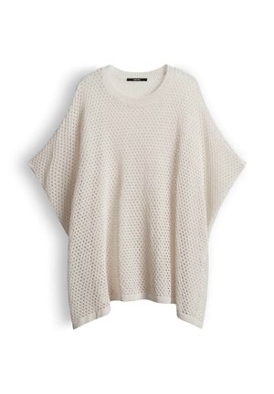 Locker sitzender, kurzärmliger cremefarbener Strickpullover mit weitem Rundhalsausschnitt und strukturiertem, offenem Strickmuster.