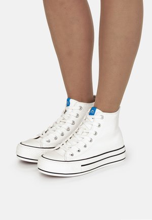 Zapatillas altas de lona blanca con acentos azules, franjas negras alrededor de la suela, puntera redonda y ojales de metal para los cordones.