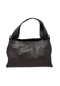 Borsa a tracolla in pelle marrone scuro strutturata con tracolla larga, hardware in metallo dorato e chiusura superiore con cerniera parzialmente aperta.