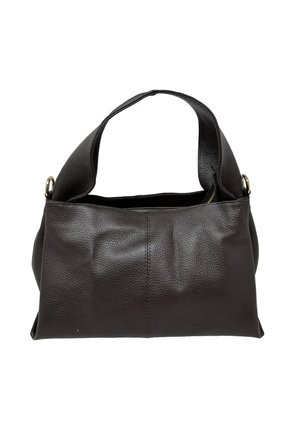 Borsa a tracolla in pelle marrone scuro strutturata con tracolla larga, hardware in metallo dorato e chiusura superiore con cerniera parzialmente aperta.