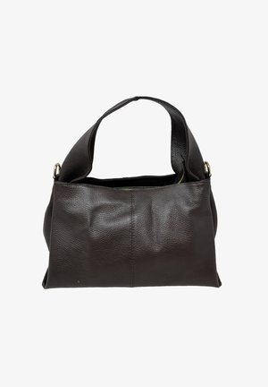 Borsa a tracolla in pelle marrone scuro strutturata con tracolla larga, hardware in metallo dorato e chiusura superiore con cerniera parzialmente aperta.