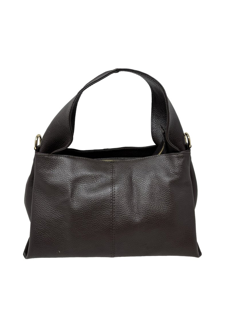 Borsa a tracolla in pelle marrone scuro strutturata con tracolla larga, hardware in metallo dorato e chiusura superiore con cerniera parzialmente aperta.