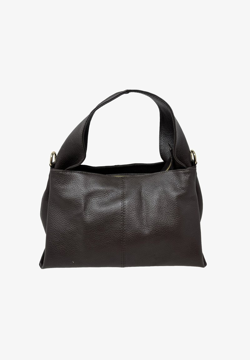 Borsa a tracolla in pelle marrone scuro strutturata con tracolla larga, hardware in metallo dorato e chiusura superiore con cerniera parzialmente aperta.