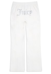 Λευρά βελουτέ παντελόνια φόρμας με ελαστική ζώνη. Διαθέτουν ασημένια στρας με το γράψιμο "Juicy" στο πίσω μέρος. Σχεδίαση με φαρδιά πόδια.