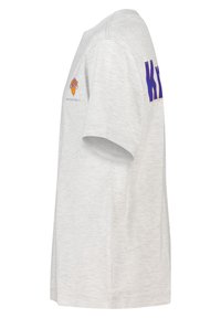 Gray short-sleeve T-shirt features a crew neck, soft texture, and prominently displays "KNICKS" in blue on the back, with logo on the front.