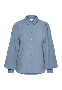 Chemise bleu clair à boutons avec col, manches longues bouffantes, tissu texturé et ourlet arrondi. Comprend cinq boutons sur le devant.