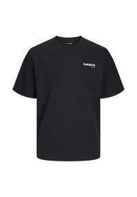 T-shirt in cotone nero con maniche corte, scollo rotondo e testo stampato in bianco "PARADISE EST 1990" sulla parte sinistra del petto.