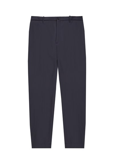 Dunkelblaue Hosen aus glattem Stoff, mit einem vorderen Knopfverschluss, Gürtelschlaufen und tapered Beinen ohne sichtbare Muster.
