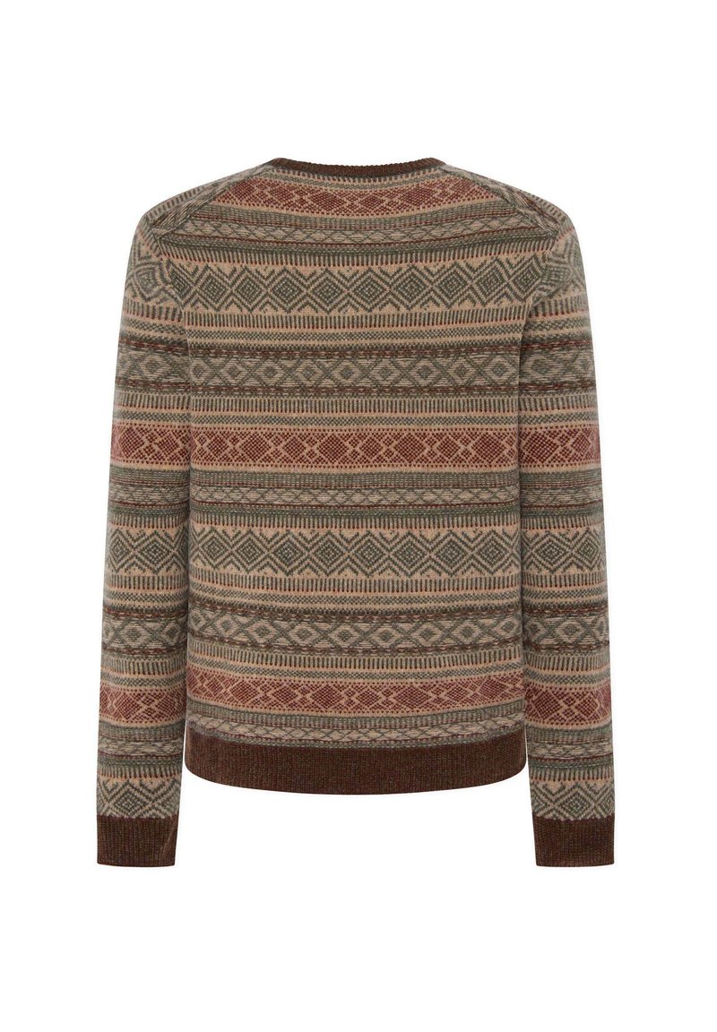 Strickpullover mit geometrischen Mustern in Erdtönen. Verfügt über einen Rundhalsausschnitt und lange Ärmel, mit gerippten Bündchen und Saum.