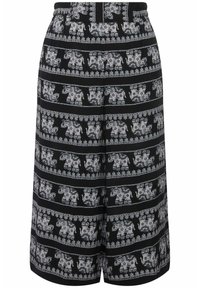 Shorts noirs avec un motif répété d'éléphants blancs, bordés de décorations. Taille élastique et tissu à texture lisse.